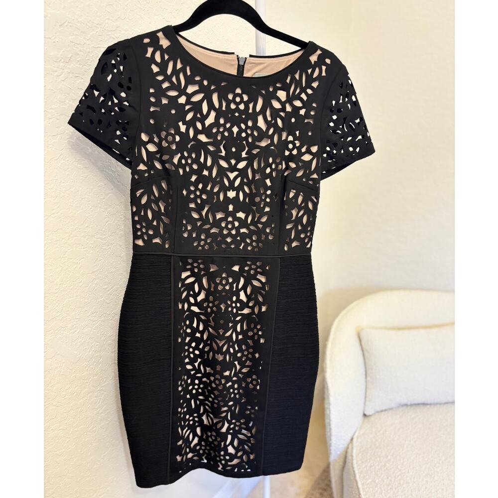 Anthropologie Maeve Basalt Black Laser Cut Floral Bodycon Dress Size 6